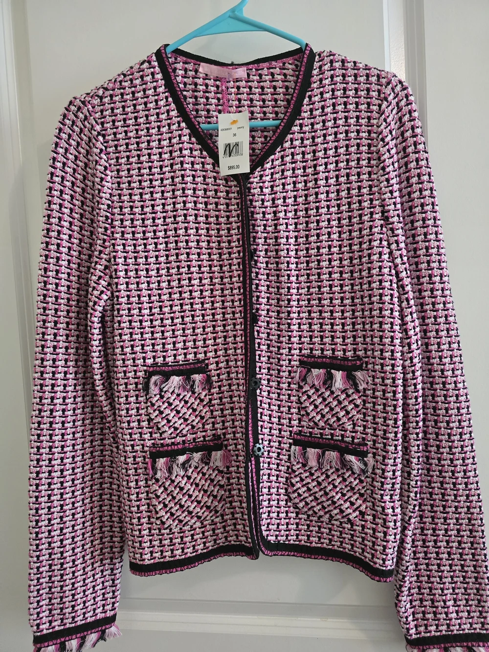 NWT Basler Pink Tweed Fringe-Trim Jacket with Black Piping